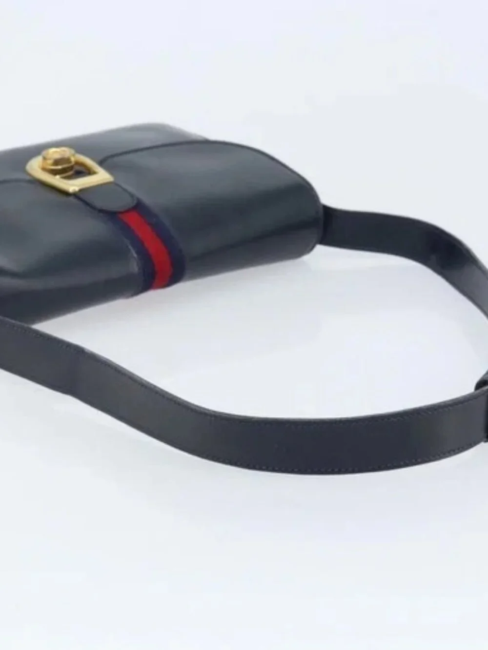 GUCCI Sherry Line Shoulder Bag Leather Navy Gold Auth BAZ198A